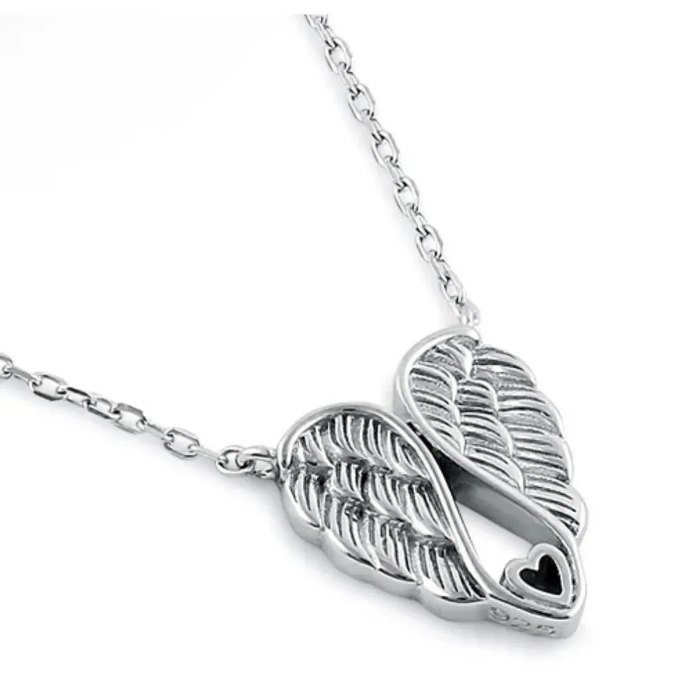 Sterling Silver Angel Wings Heart Necklace • 925 Guardian Wing Pendant